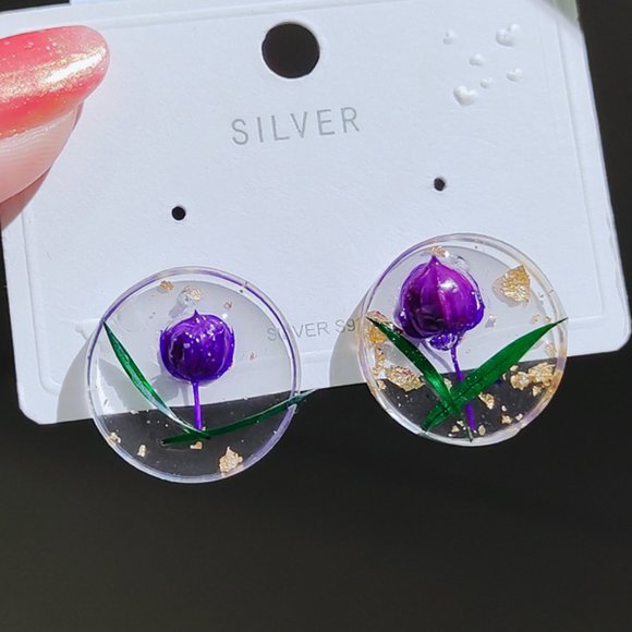 Dried Flower Epoxy Hoop Earrings Sterling Silver Post - Picture 1 of 1